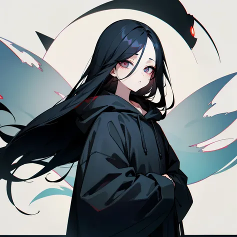 black hair、long hair、grim Reaper、dark、hanging eyes、nonchalant、Beautiful type、cute、hoodie、illustration style