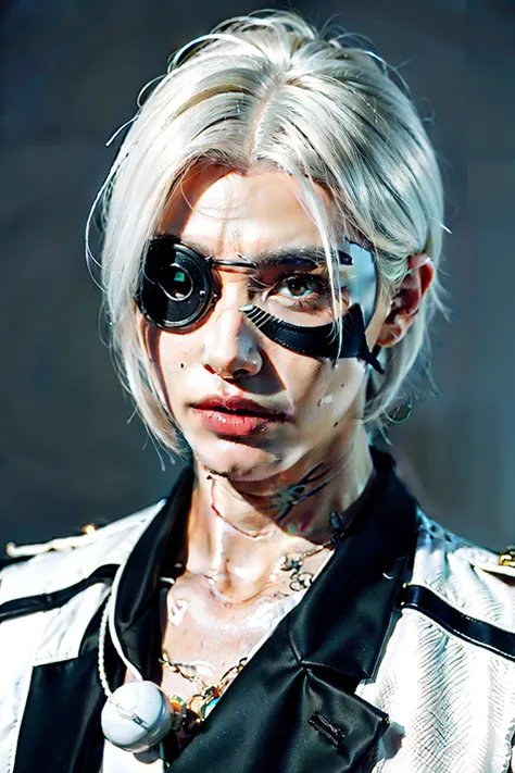 Male, white hair, eyepatch over left eye, cropped, long bangs