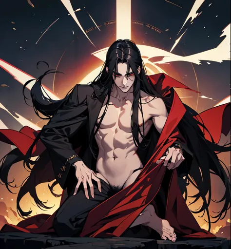 black hair, alucard, full body, 1 beautiful male god of death, detailed anime character art, male vampire of clan banu haqim, l vampire, with his long black hair, androgynous vampire, detailed 25 year old male face, ultra realistic anime, red eyes, no emot...