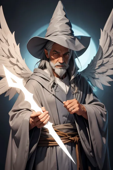 old wizard in grey robe and pointy hat as an angel