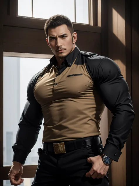 Tall giant muscular肌肉男警官，Handsome long sleeve police uniform，Wear it over a shirt，police certificate，Rolex watches，character concept（Resident Evil - chris redfield，chris redfield）proud expression，Deep and charming eyes，heroic male pose，高大burly，muscular！mus...