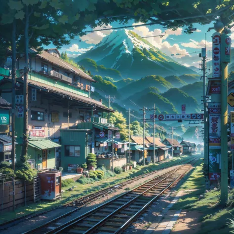 arafed mountain in the distance with a train station and a train track, beautiful anime scene, anime scenery, beautiful anime scenery, inspired by Makoto Shinkai, anime background art, anime landscape, traditional japanese concept art, anime scenery concep...