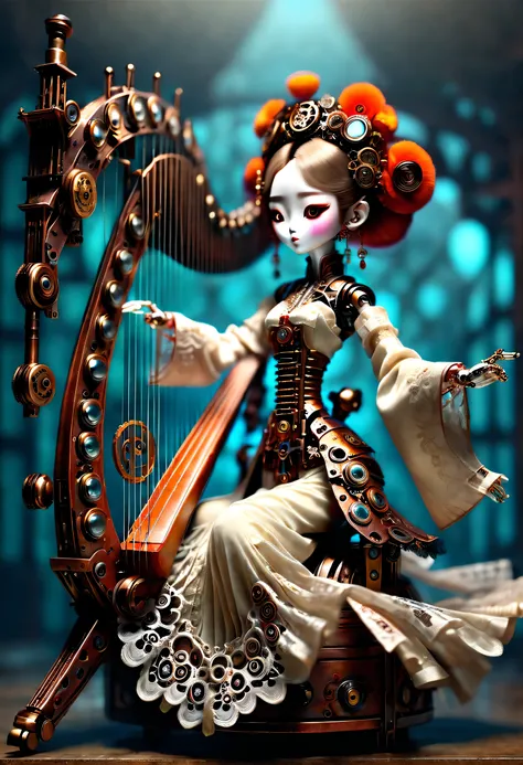 Mechanical doll design，（Mechanically constructed Chinese Hanfu doll plays the Chinese harp Pipa），robot character, Beautiful and meticulous，Mechanical clockwork，gear，Mechanical device base，，Extra long wavy red head，tangerine裙子，8k smoke，Ultra-fine，lifelike，h...