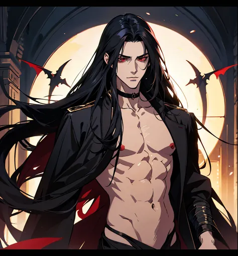 black hair, alucard, full body, 1 beautiful male god of death, detailed anime character art, male vampire of clan banu haqim, l vampire, with his long black hair, androgynous vampire, detailed 25 year old male face, ultra realistic anime, red eyes, no emot...