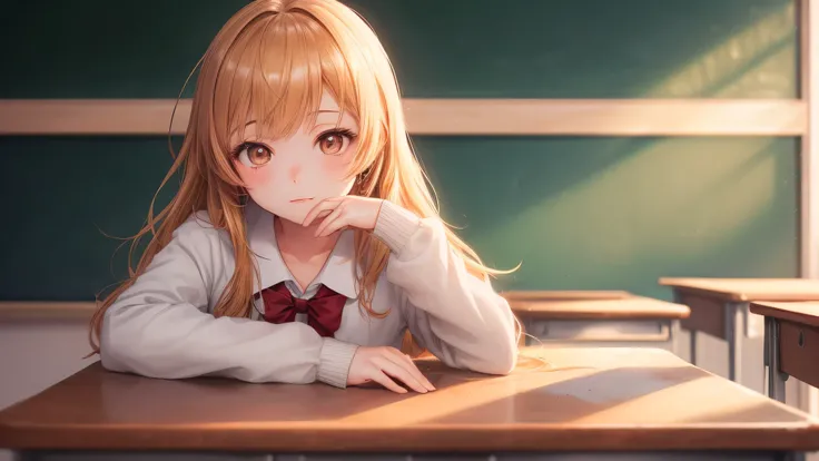 (1young girl:1.3), long hair, brown eyes, model, Enchanting, Sublime,  indoors, (Bokeh), (anime , anime illustration), school, classroom, eraser, sunset, alone, (heart shape drawn with chalk, Heart shape written on a blackboard:1.2),