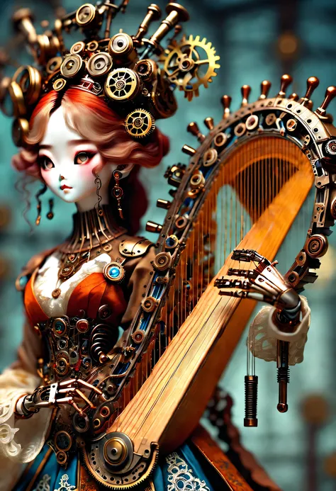 Mechanical doll design，（Mechanically constructed Chinese Hanfu doll plays the Chinese harp Pipa），robot character, Beautiful and meticulous，Mechanical clockwork，gear，Mechanical device base，，Extra long wavy red head，tangerine裙子，8k smoke，Ultra-fine，lifelike，h...