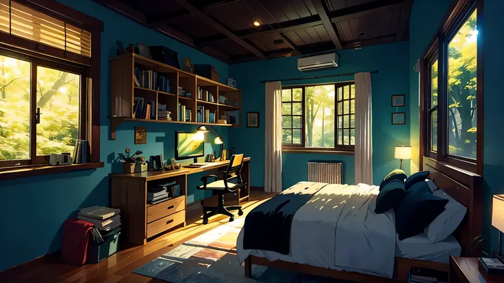 A cozy room, a table, a bed, a lot of books, paintings, a view from the window of a forest, a sea, happiness, full-color, multi-colored, artificial, the highest detail, super quality, small details, highlights, neon lights, a masterpiece