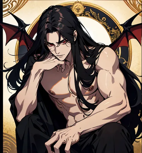 black hair, alucard, full body, 1 beautiful male god of death, detailed anime character art, male vampire of clan banu haqim, l vampire, with his long black hair, androgynous vampire, detailed 25 year old male face, ultra realistic anime, red eyes, no emot...