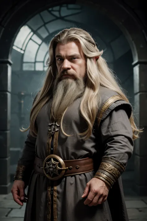 dwarf alchemist man with long blonde hair and grey eyes in fine clothing and numerous rings