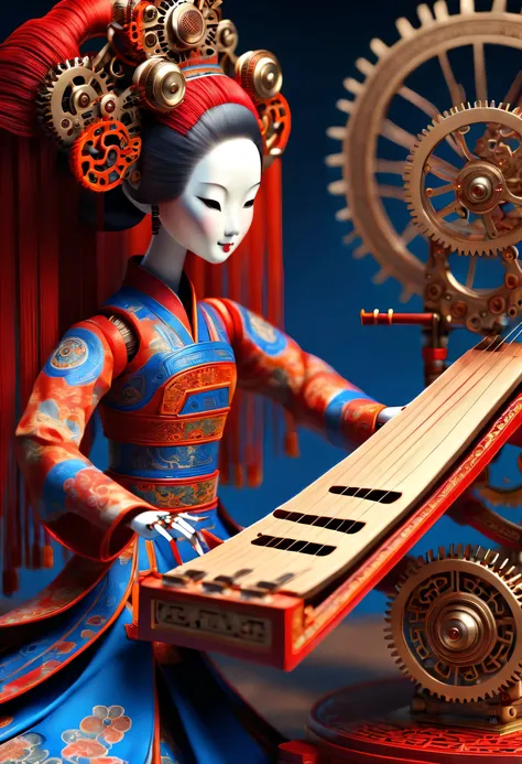 Mechanical doll design，Map design style, （Han Dynasty mechanical doll playing Chinese guzheng）, robot character, Beautiful and meticulous，Mechanical clockwork，gear，Mechanical device base，Extra long red double braided hair，blue and orange skirt，dance，8k，Ult...