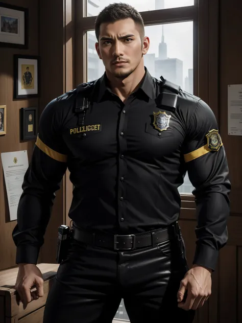 Tall giant muscular肌肉男警官，Yellow and black striped long-sleeved police uniform，Wear it over a shirt，police certificate，There are frescoes on the walls，character concept（Resident Evil - chris redfield，chris redfield）proud expression，Deep and charming eyes，he...