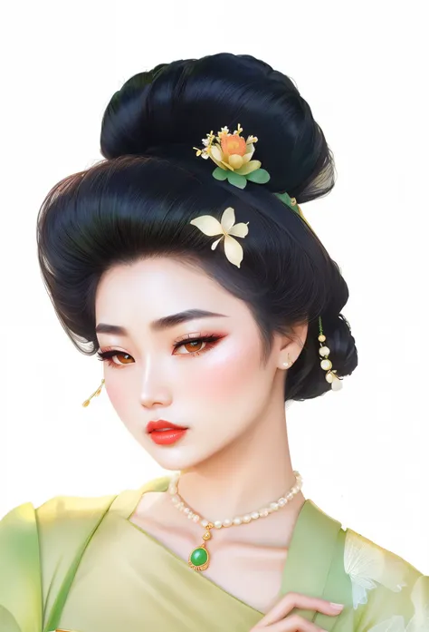 alaphid asian woman wearing green dress and floral comb, pearl necklace，jade buckle pendant，hairpin，butterfly，delicate hair，curv...