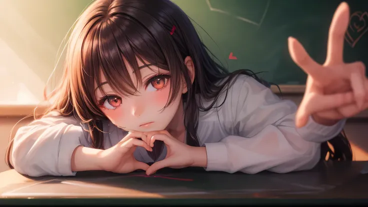 (1young girl:1.3), long hair, brown eyes, model, Enchanting, Sublime,  indoors, (Bokeh), (anime , anime illustration), school, classroom, eraser, sunset, alone, (heart shape drawn with chalk, Heart shape written on a blackboard:1.3),