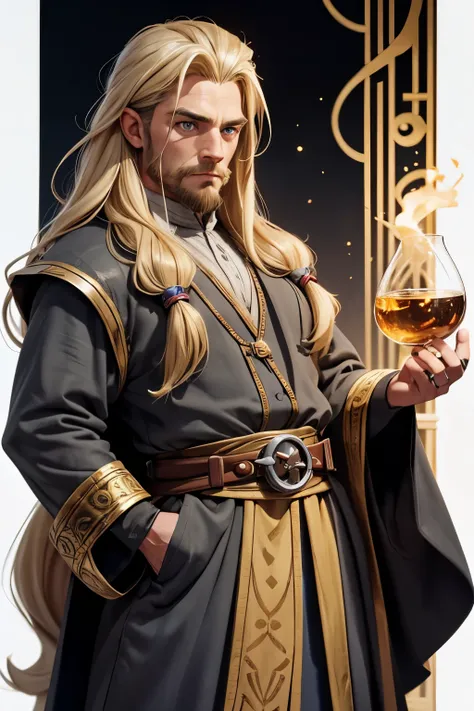 dwarf alchemist man with long blonde hair and grey eyes in fine clothing and numerous rings