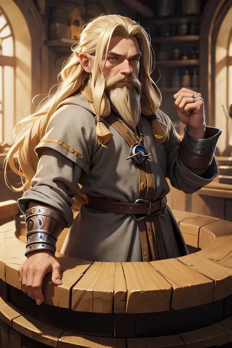 dwarf alchemist man with long blonde hair and grey eyes in fine clothing and numerous rings