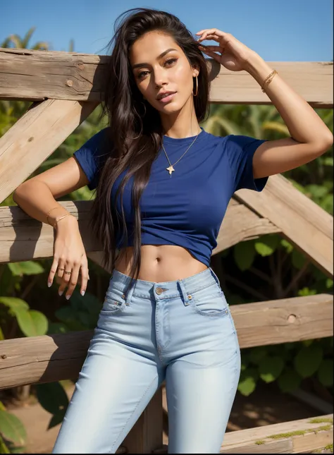 mulher araffe com cabelo comprido encostada em uma cerca, usando um top cropped sexy, pose casual, camiseta azul justa, short shirt and strong abdomen, imagem de perfil, jeans preto extremamente apertado, vestindo roupas simples e justas, 2 modelo feminino...