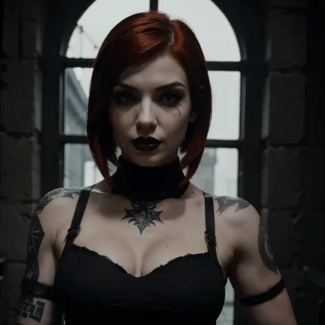 Red head femshep goth girl, white makeup, black lipstick, gothic tattoos, muscles, gothic background