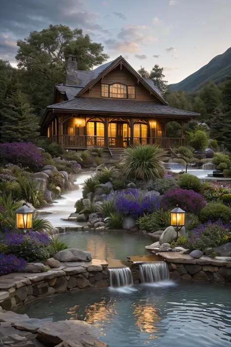 arafed house with a waterfall and a waterfall in front of it