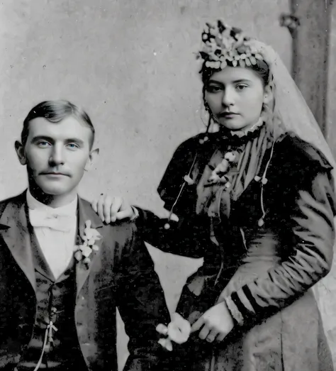 Arafed photograph of a man and woman in formal attire., foto de boda, 1890, 1 8 9 0, principios del siglo XIX, ambos vistiendo ropa victoriana, 1895, 1 8 9 5, 1890s, 1 8 9 0 s, Foto victoriana, 1900, 1900, 1894