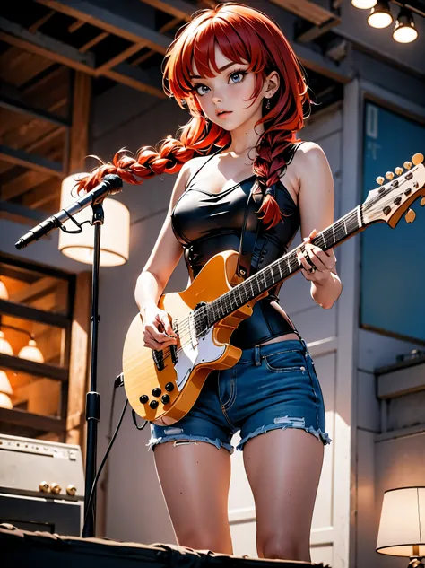 Garota Ruiva de anime guitarrista, guitarist girl em bermuda jeans e corset preto e guitarra preta, 15 anos, corpo bonito, seios grandes, tocando guitarra eletrica, estilo heavy metal, Iron Maiden theme song, Garota sexy, red hair with braid, beautiful lig...