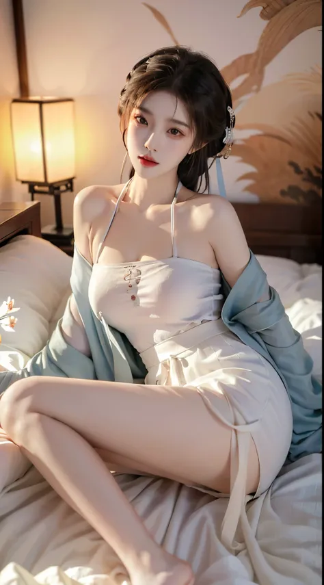 ((knee shot))，((Aerial view)),(masterpiece，best quality，high resolution)，(Colorful background，(splash of color))，((gufeng,bare shoulders)), sweet girl，Lying in bed, Light blue and white medium length hair，[light blue|pink]hair，curls，Shiny，红pink的嘴唇，colored ...