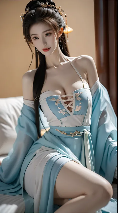 gufeng,bare shoulders, ((knee shot))，((Aerial view)),(masterpiece，best quality，high resolution)，(Colorful background，(splash of color))，((gufeng,bare shoulders)), liuyifei, sweet girl，Lying in bed, Light blue and white medium length hair，[light blue|pink]h...