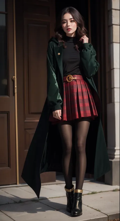 ((green)) raincoat) (velvet), ((gold trim, sleeve patch)), ((red)) plaid pleated skirt, ((brown)) ((boots)), (black) thick long ...