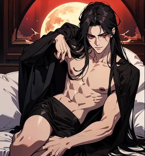 black hair, alucard, full body, 1 beautiful male god of death, detailed anime character art, male vampire of clan banu haqim, l vampire, with his long black hair, androgynous vampire, detailed 25 year old male face, ultra realistic anime, red eyes, no emot...