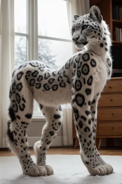 ((best quality)), ((masterpiece)), (detailed), perfect face, photorealistic image of a young woman on all fours, wearing an ultra-realistic snow leopard costume that is completely indistinguishable from a real snow leopard, aside from her visible human fac...