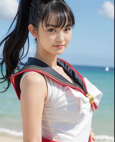 (highest quality:1.2),(perfect beautiful face:1.2),(perfect and beautiful posture:1.2),(japanese woman:1.1),ponytail, On the beach in midsummer, smile, big breasts, thick muscular body,Ultra-high precision photos,clear eyes, ((sailor moon costume:1.1))