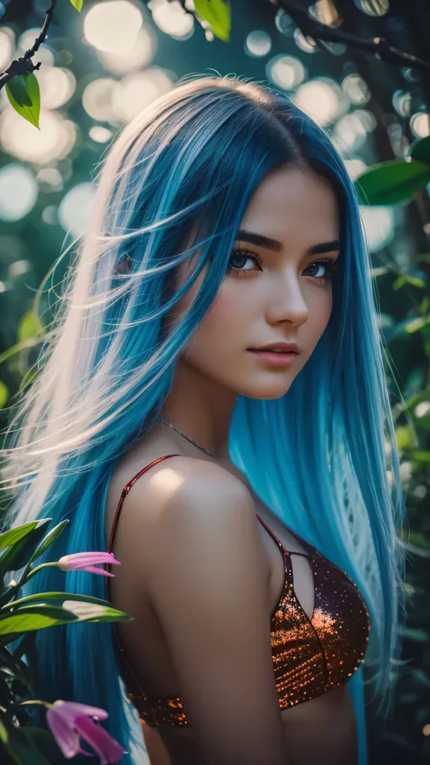 Beautiful realistic girl with BRIGHT WHITE-BLUE long hair ,Close-up of clean skin with detailed skin ,full length,in a short miniskirt,on an orange background ,Against the background of the starry sky,bright makeup,EARRINGS WITH GLITTERS,two-leaf gray flow...