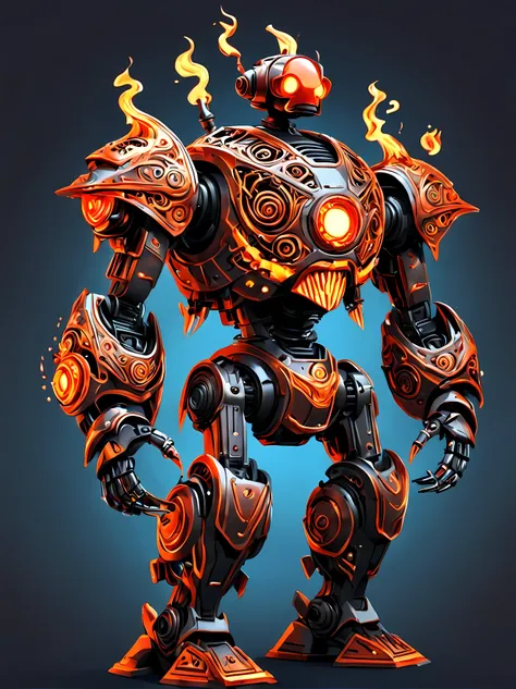 vector cartoon illustration, full shot, design a mesmerizing inferno automaton, a mechanical puppet of the fiery element, its sl...