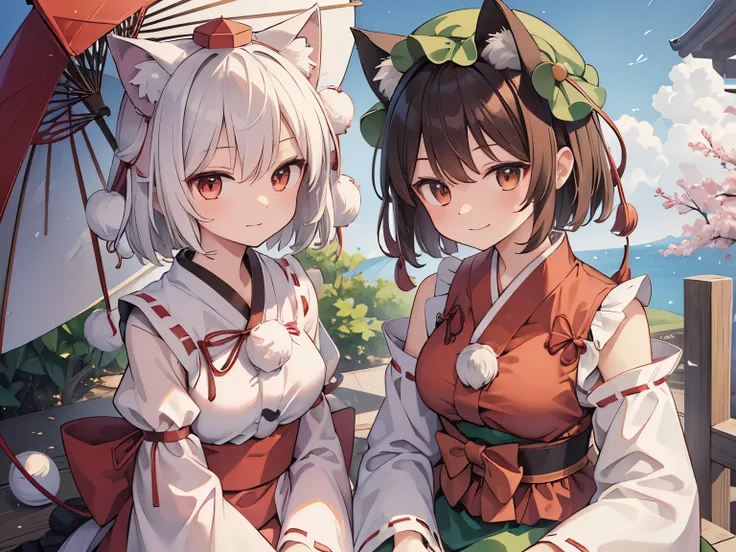 (((masterpiece))), (((best quality))), ((ultra-detailed)), (((2girls))), (((touhou project))),(((Chen))),pink color kimono,short girl,,blown short hair,black cat ear,black cat tail, (((Inubashiri Momiji))),black color kimono,white extra short hair,white wo...