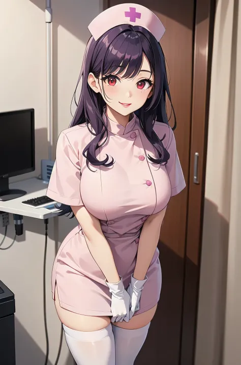 1 female, alone, nurse, nurse cap, white clothes, ((white legwear, zettai ryouiki)), white gloves, long hair, purple hair, red eyes, pink lips, smile, Are standing, ((hospital room)), sharp outline, short sleeve, mature woman, 35 years old, highest quality...