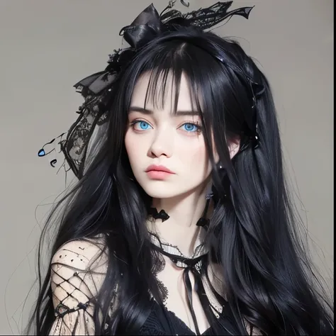 Girl with long messy black hair, Blasse Haut, dunkles blaues kleid, blauer schmetterling, sad face, gothic