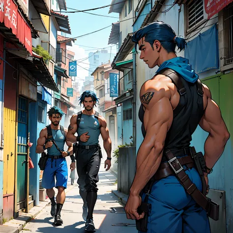 guerreros tribales  de cabello azul transitan vigilan las calles del pueblo