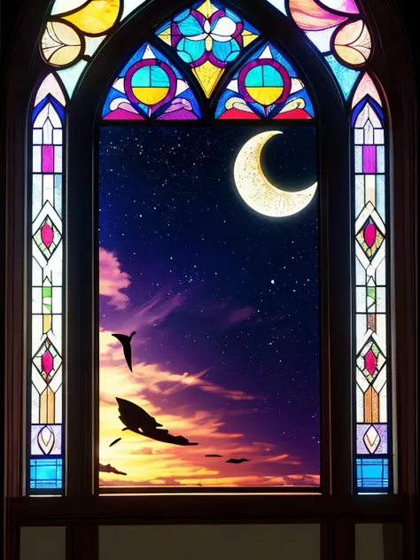 high resolution　Stained glass with detailed crescent moon motif
