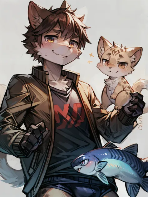 Siamese cat, furry, man with light eyes, with 2 red lines on his cheek, dressed in brown jacket and t-shirt with print with several fish, digital style, smiling gently.