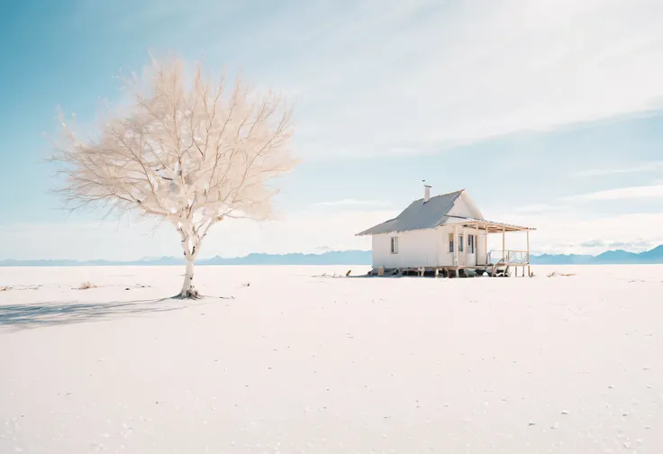 High resolution,8k ultra hd,neutral pastel colors,Mysterious off-white world,Imagine the Salar de Uyuni,A white wooden hut is being built,a tree is painted,the birch tree next door, Simple off-white chic elements。Calm atmosphere。Looks great in photos、cinem...