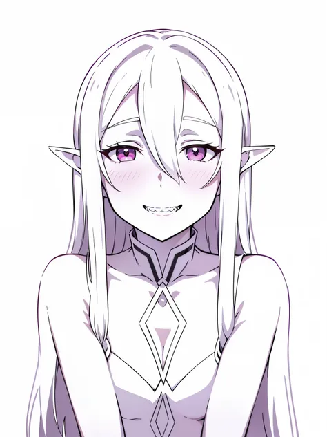 (1 girl,20s,mature female),long hair,solo,white hair,long hair,(((hair over one eye))),(((white skin,pale skin,colored skin))),elf ear,,sharp teeth,grin,pink eyes,(white background),portrait,full-face blush,blush,from front,smile