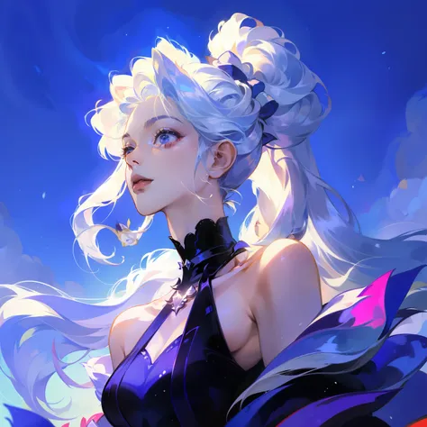 k wallpapers，masterpiece，light，top quality，revelation，dramatic angle，（（a color：1.1）），（（Colored inner hair：1.4））， 1 girl， solo， long white hair， water， blue eyes， necklace， white collar， ponytail， liquid hair， white hair， through bangs， through bangs， View ...