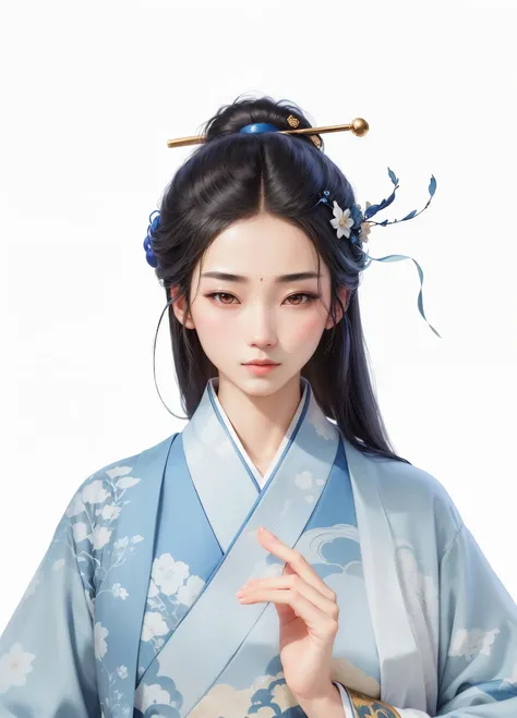 Wearing a blue kimono、Anime girl with a bird on her head, flowing hair and gown, flowing hair，Inspired by Ma Yuanyu, palace ， A girl wearing Hanfu, beautiful figure painting, Inspired by Zhang Han, Inspired by Zhang Yan, Bowater&#39;s art style, Inspired b...