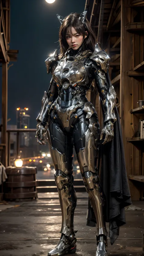 Cinematic scene, extremely detailed, Ultra realistic, masterpiece, best quality graphics, 1girl, adult, brown eyes, pretty face, wearing mecha armor. Led, steel, body suit, dark color. At night moonlight. (((full body view))), best point of view. 