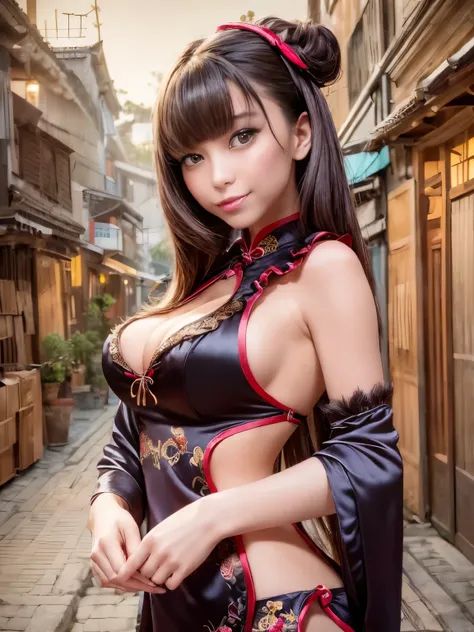 ((highest quality, 8k, masterpiece: 1.3)), cowboy shot, very cute beauty, 1 girl, (beautiful breasts:1.3), (abs, slender body shape: 1.1), sharp focus, (((intricate details)), high detail, Upper body, one girl, Black twin buns hair with bangs, (Luxury Sati...