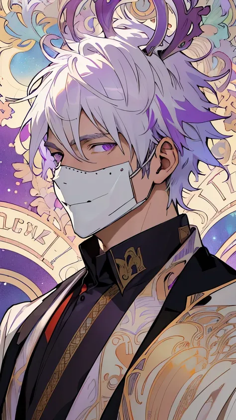 1man, white hair, multicolored hair, purple eyes, mask on head, sidelighting, light particles, wallpaper,
Alphonse Mucha style 