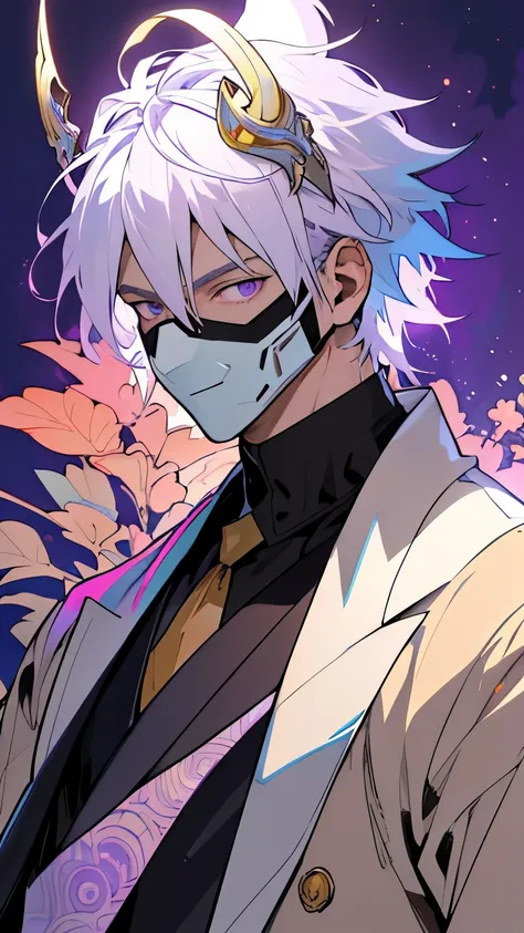 1man, white hair, multicolored hair, purple eyes, mask on head, sidelighting, light particles, wallpaper,
Alphonse Mucha style 