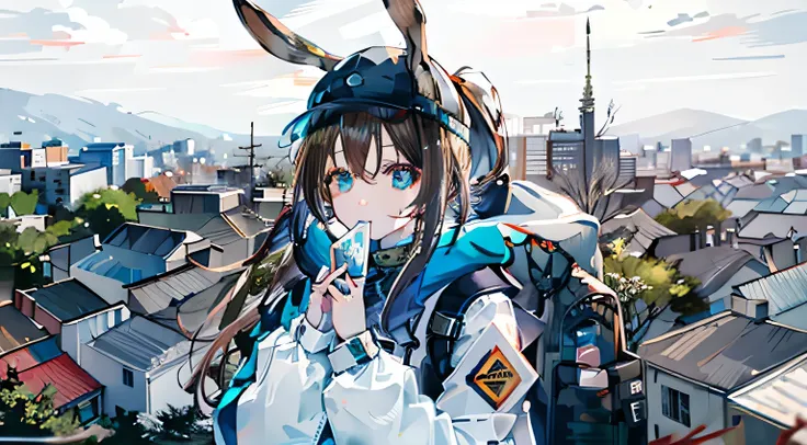 1 girl, animal ears, Rabbit ears, direct, Upper body, looking at the audience, brown hair, ponytail,  poker face, badge, Bangs, blue baseball cap, exquisite eyes, clothes writing, White clothes, hood, hood down, Permanent installation, long sleeves, shut y...