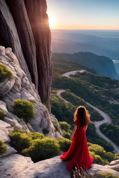 A woman in a red dress, teetering on the edge of a cliff, wild winds whipping through her long hair, the dizzying heights below creating an aura of fear and uncertainty. The sun sets behind her, casting long shadows over the jagged rocks, the vast expanse ...