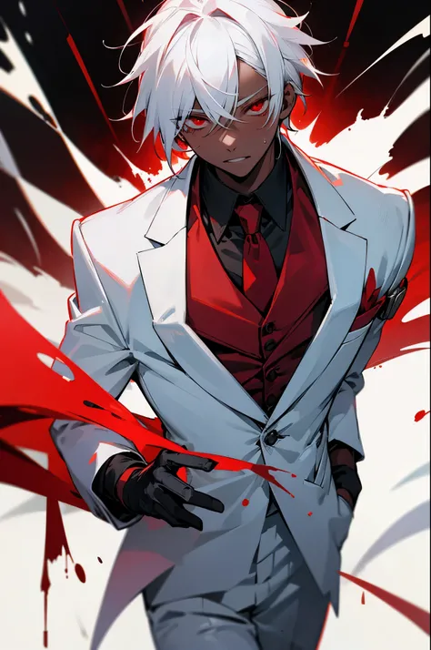 white hair，red eyes，juvenile，black skin，血red eyes，male，white suit，Blood splatter，red tie，The background is on the street