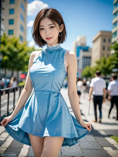 a woman posing on the street corner with light blue dress on, best quality, 1girl, large breasts, day, bright, blur background, bokeh, outdoor, (street:0.8), (people, crowds:1), (lace-trimmed dress:1.5, sleeveless dress, light blue clothes, blue high-neck ...